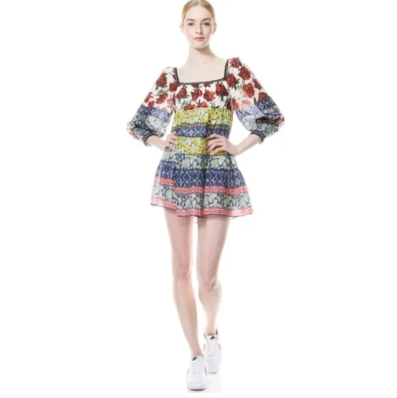 Alice + Olivia Rowen Floral Tiered Square Neck Mini Cocktail Dress Size Medium - Picture 2 of 16